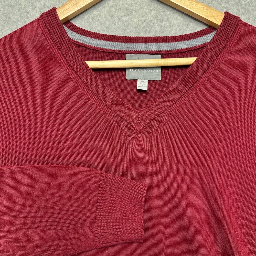 Thomas Dean Mens XXL Burgundy 100% Extra Fine Merino Wool‎ V-Neck Sweater Red